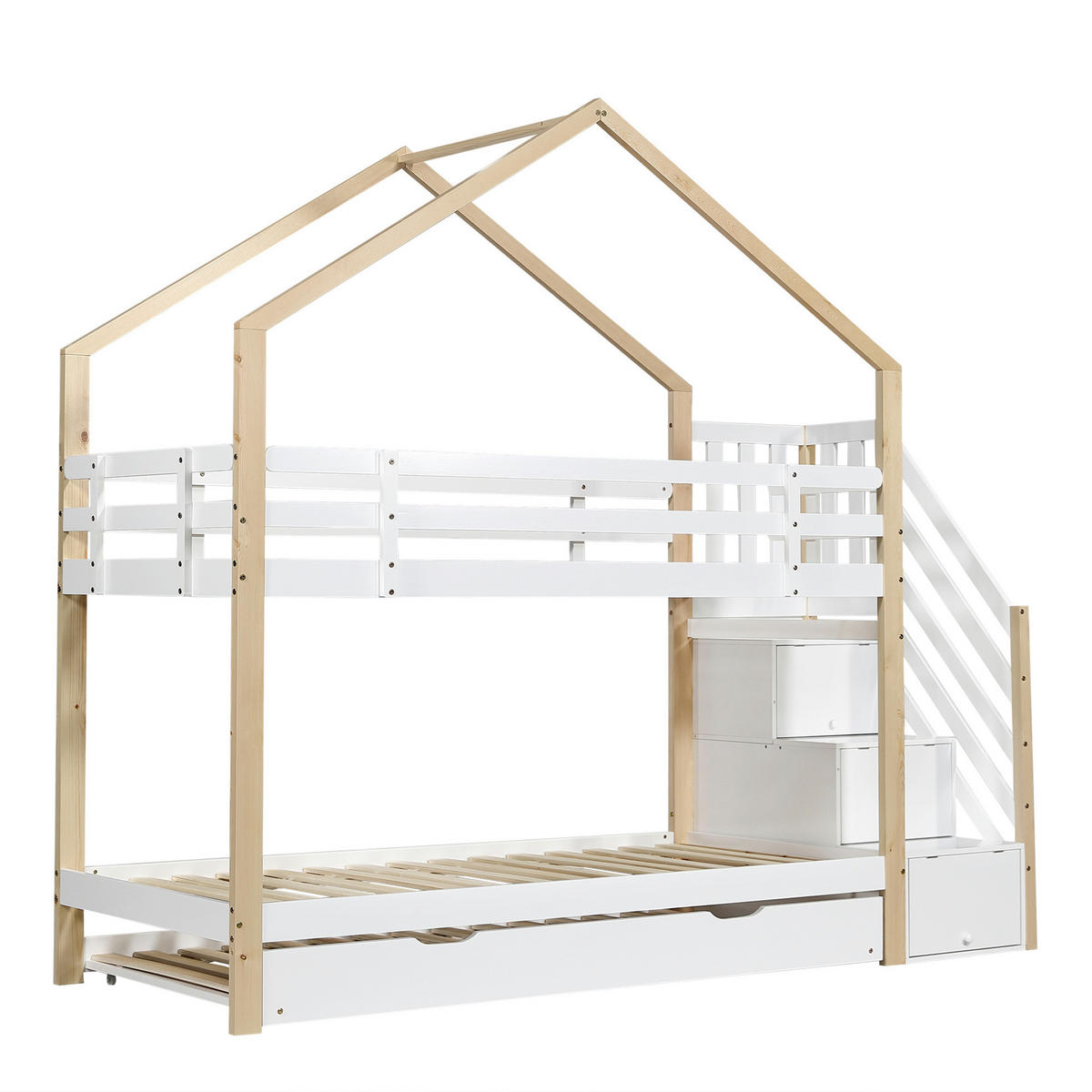ETAGENBETT aus Massivholz und MDF 90x200 cm Natur/Weiß mit Ausziehbett, Treppe und Schubladen - Weiß, Holzwerkstoff (90/200cm) - IVMEU