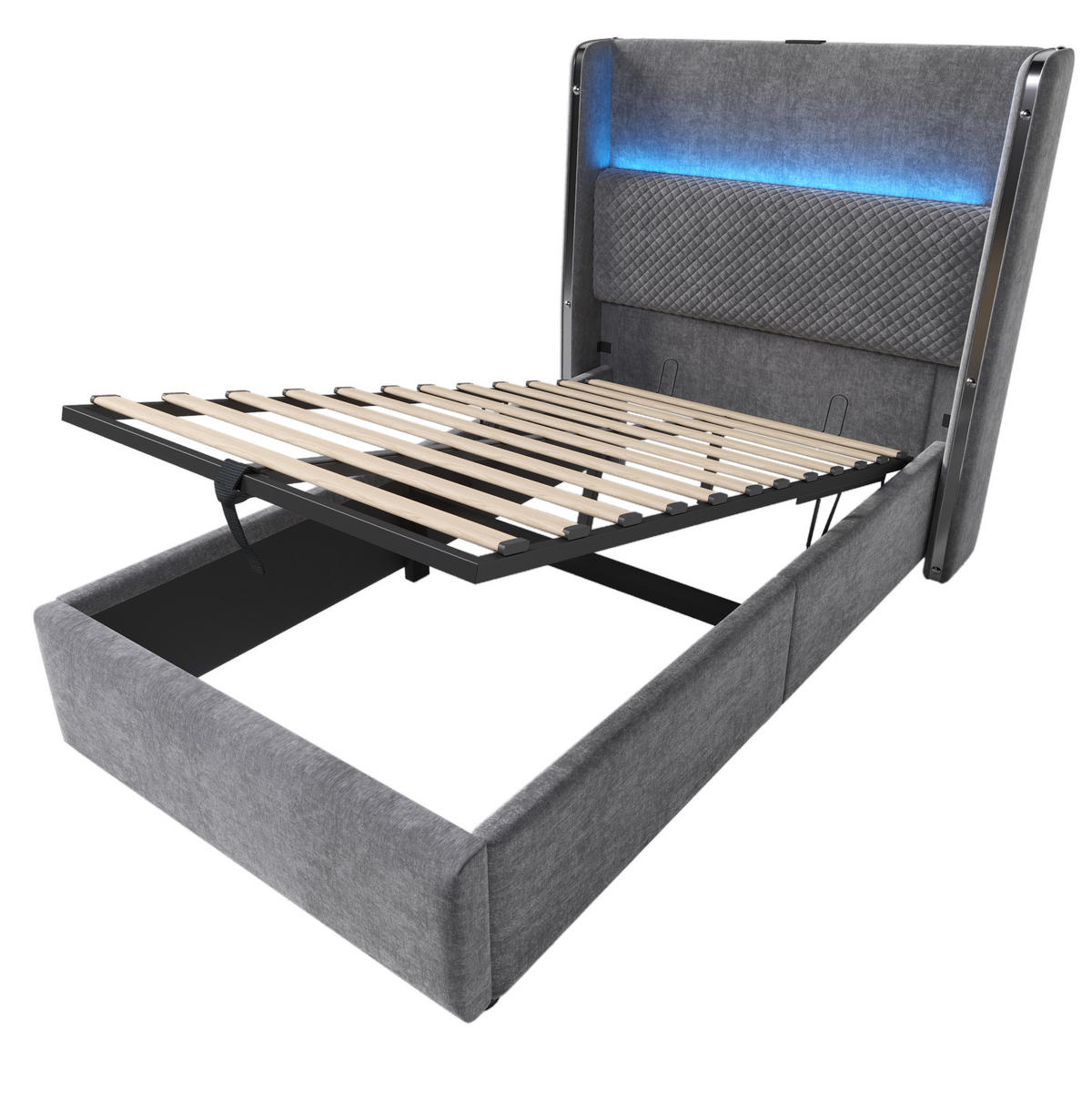 POLSTERBETT 90/200 cm Grau mit Stauraum, LED und USB- und Type-C-Anschlüssen - Grau, Textil (90/200cm) - Flora Grace