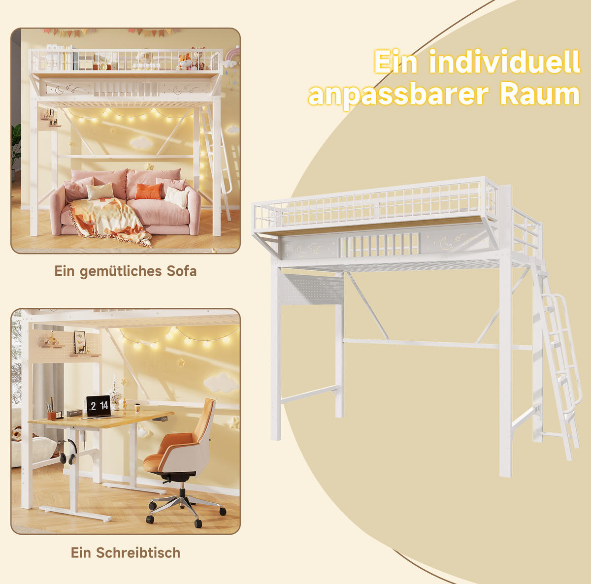 HOCHBETT aus Metall 90x200 cm Weiß mit Staufächern und offenem Unterbereich - Weiß, Metall (90/200cm) - Modfu