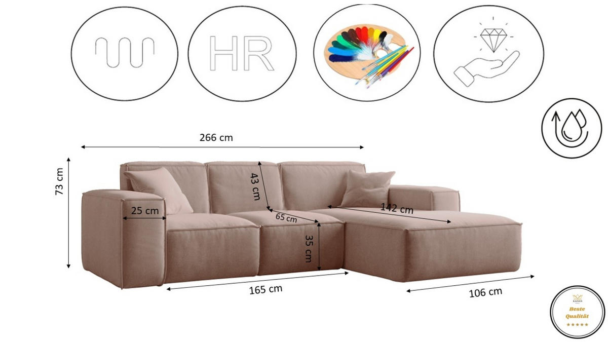 ECKSOFA L-Form Siena Stoff Salvador Rosa Rechts - Rosa, Holz (266/165cm) - Kaiser Möbel