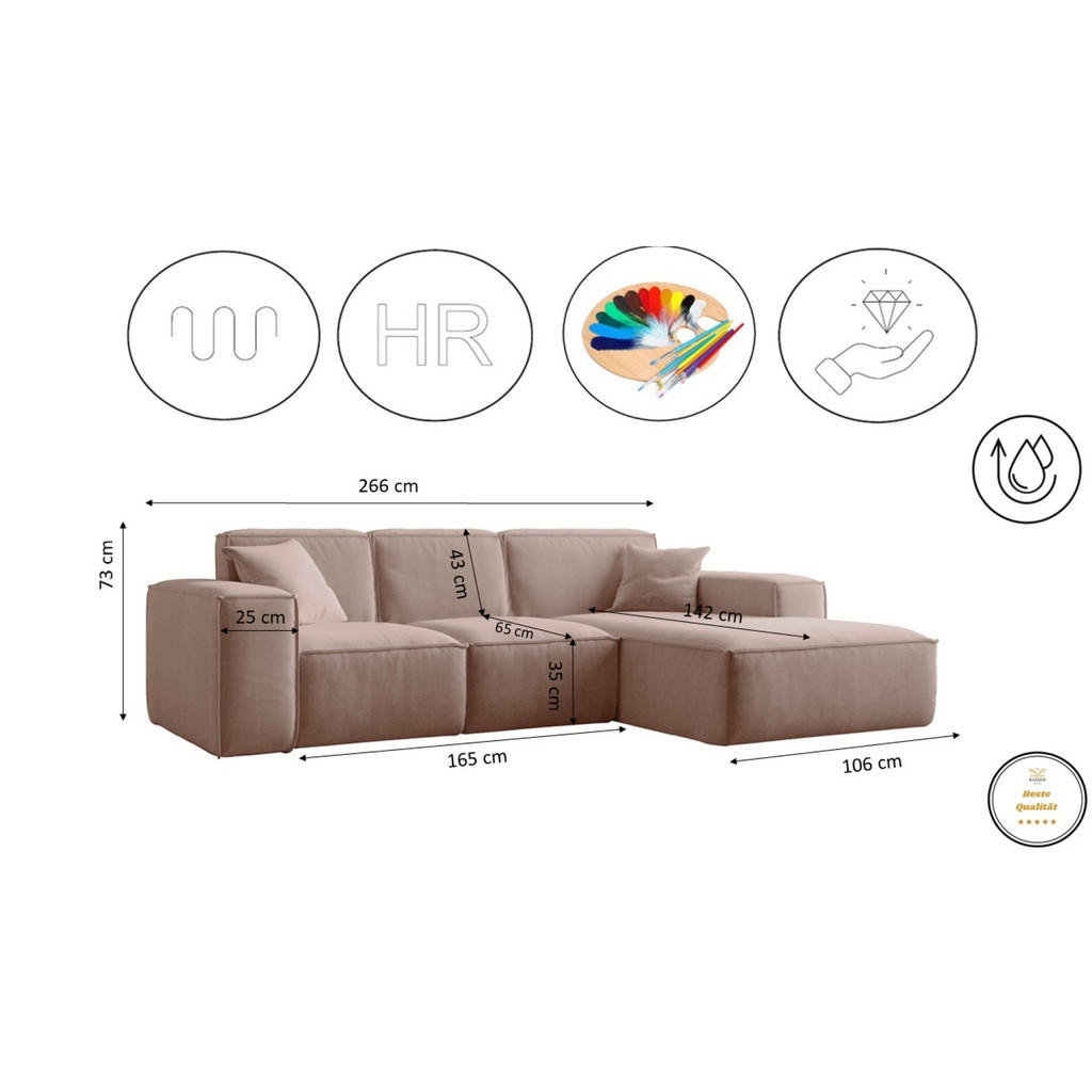 Thumbnail - Kaiser Möbel Ecksofa, Rosa, Holz, L-Form, 266x165 cm, Wohnzimmer, Sofas & Couches, Wohnlandschaften, Ecksofas