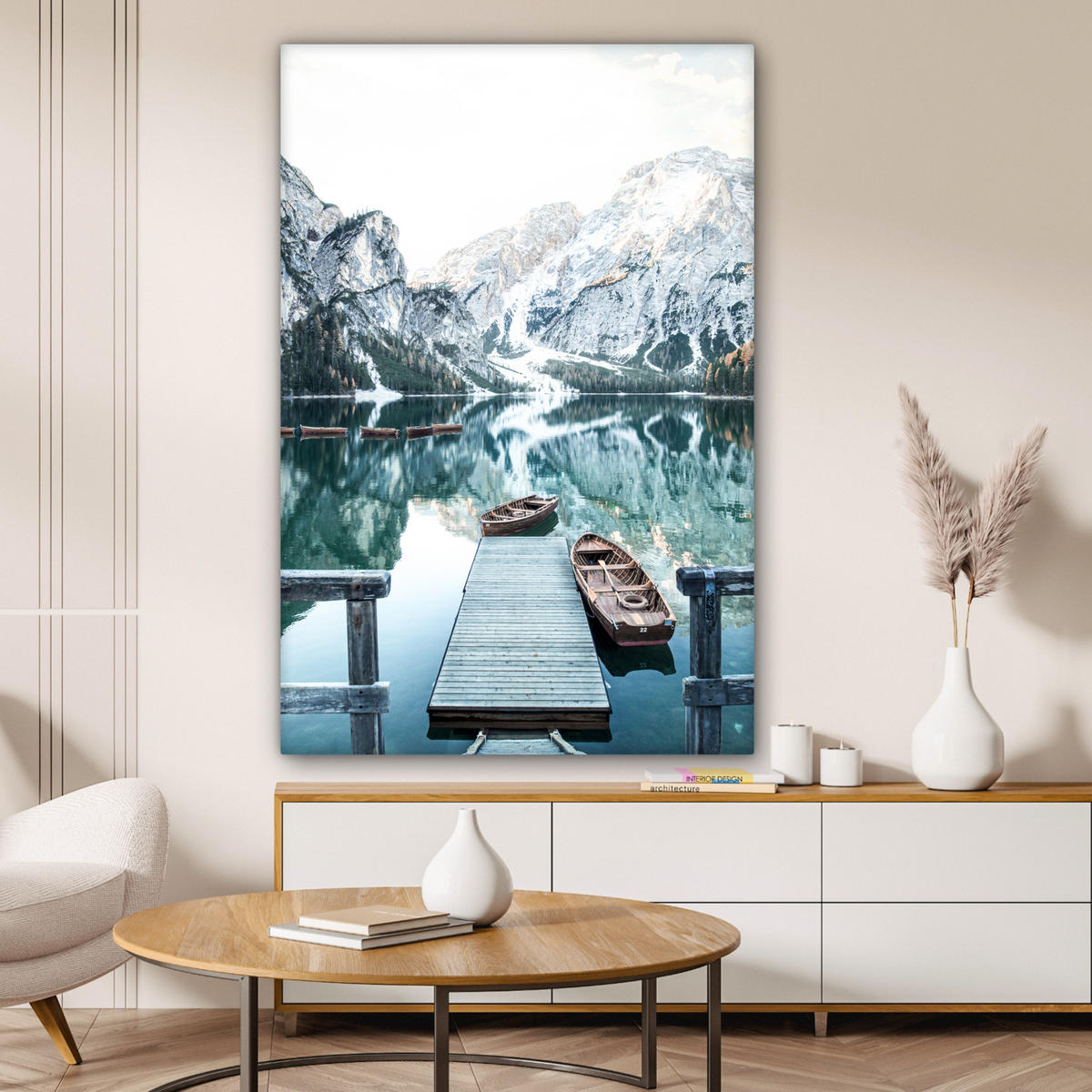 LEINWANDBILD Natur - Berge - Schnee - Wald - Boot 80x120 cm - Hellgrün, Textil (80/120cm) - MuchoWow