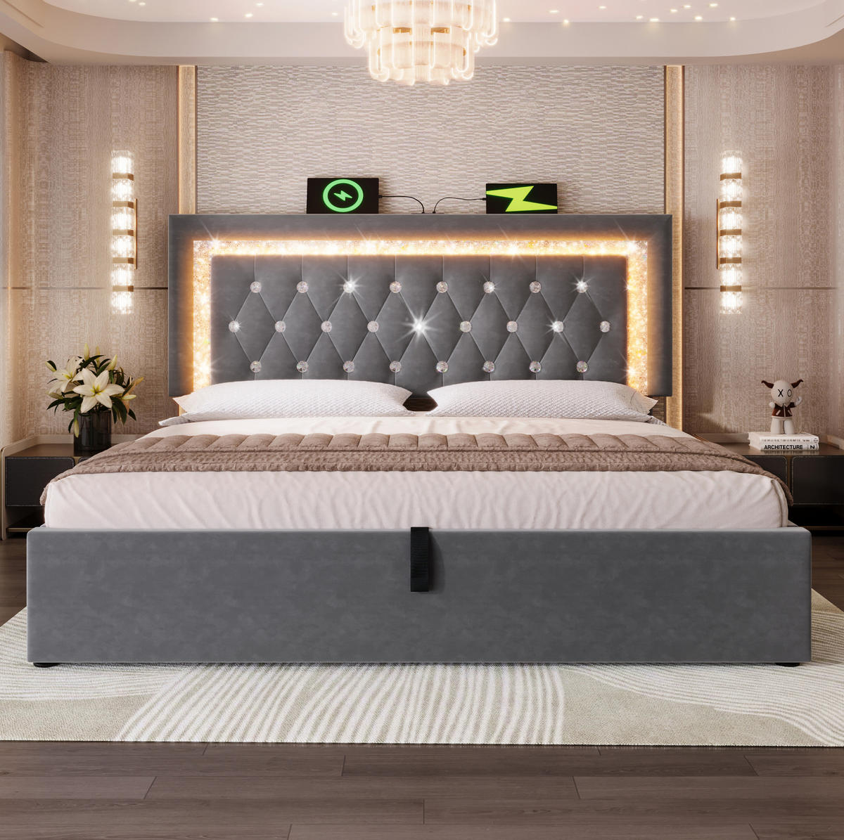 POLNJENA postelja iz žameta 160x200 cm siva z LED osvetlitvijo, USB in Type-C polnilno postajo ter hidravličnim predalom - siva, tekstil (160/200cm) - Modfu