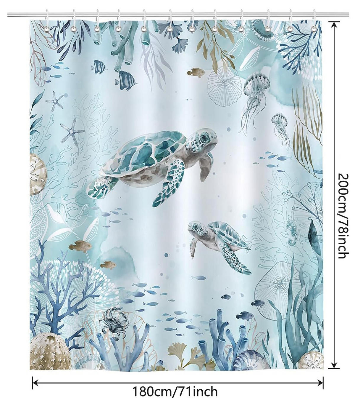 DUSCHVORHANG Blau Ozean Strand Schildkröte Meer Polyester schimmelresistent mit Haken Badezimmer - Blau, Textil (180/200cm) - MCBOSON