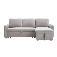 ECKSOFA mit Schlaffunktion und umkehrbarer Abstellfläche 3-Sitzer in grauem Samt-Effekt Stoff und hellem Holz ORSO - Grau, Textil (139.5/83/212cm) - Miliboo