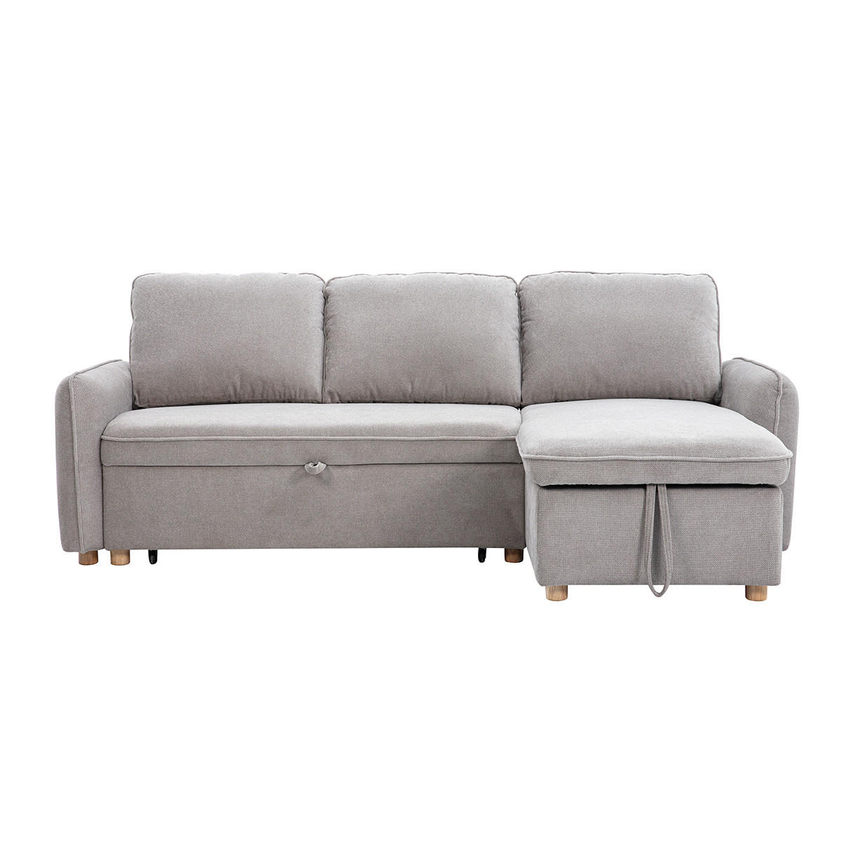 ECKSOFA mit Schlaffunktion und umkehrbarer Abstellfläche 3-Sitzer in grauem Samt-Effekt Stoff und hellem Holz ORSO - Grau, Textil (139.5/83/212cm) - Miliboo