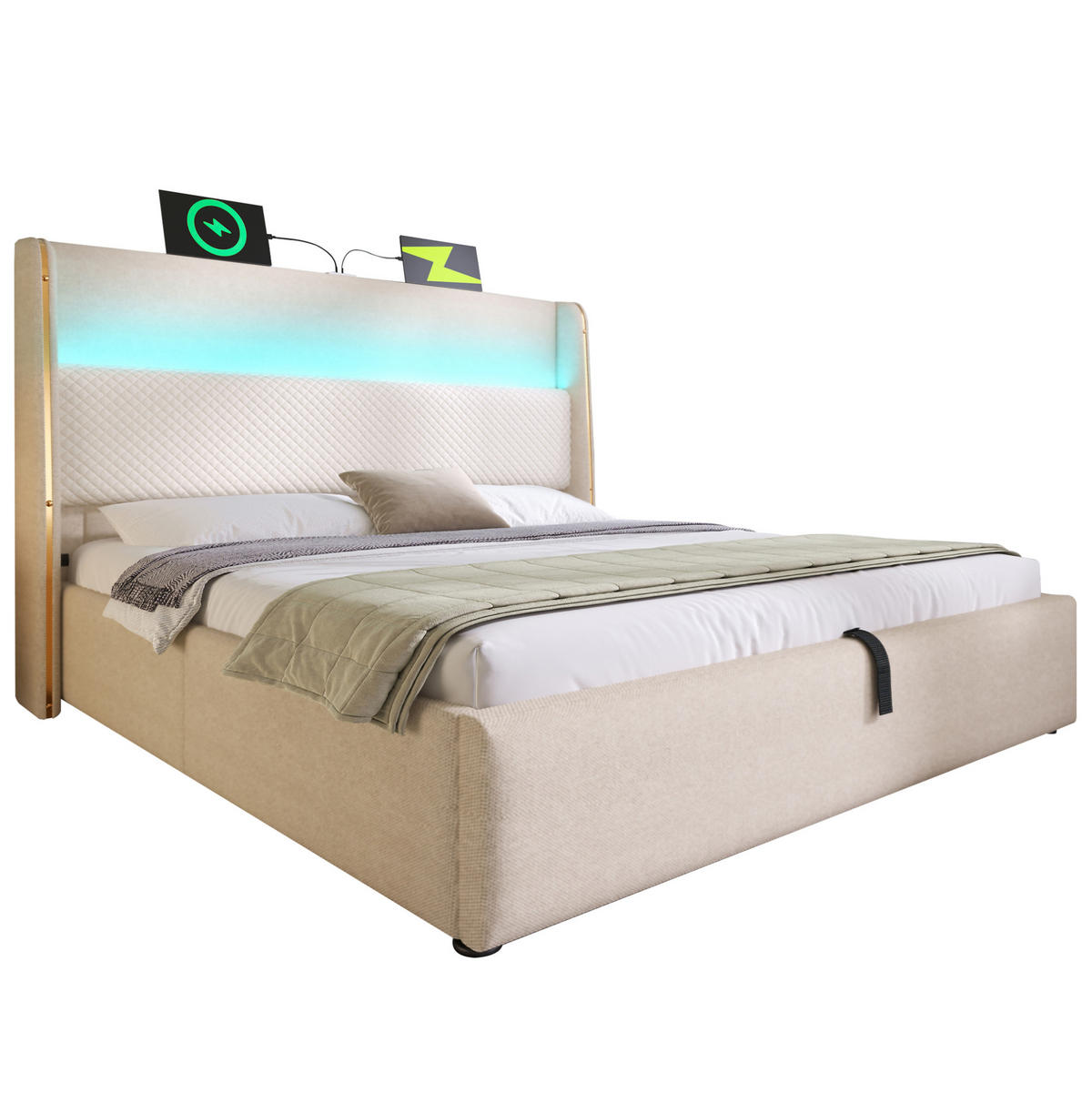 POLSTERBETT 140/200 cm Beige mit hydraulischem Stauraum und LED-Beleuchtung - Beige, Textil (140/200cm) - OKWISH