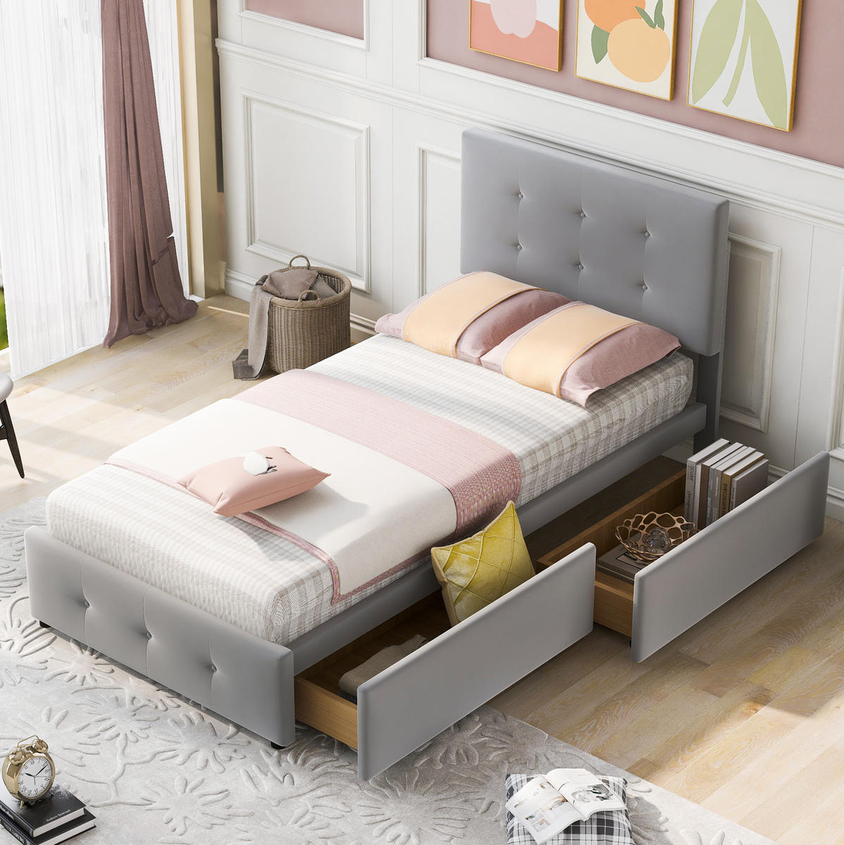 POLSTERBETT 90/200 cm Grau aus Samt mit Schublade und Lattenrost - Grau, Textil (90/200cm) - OKMYHOME