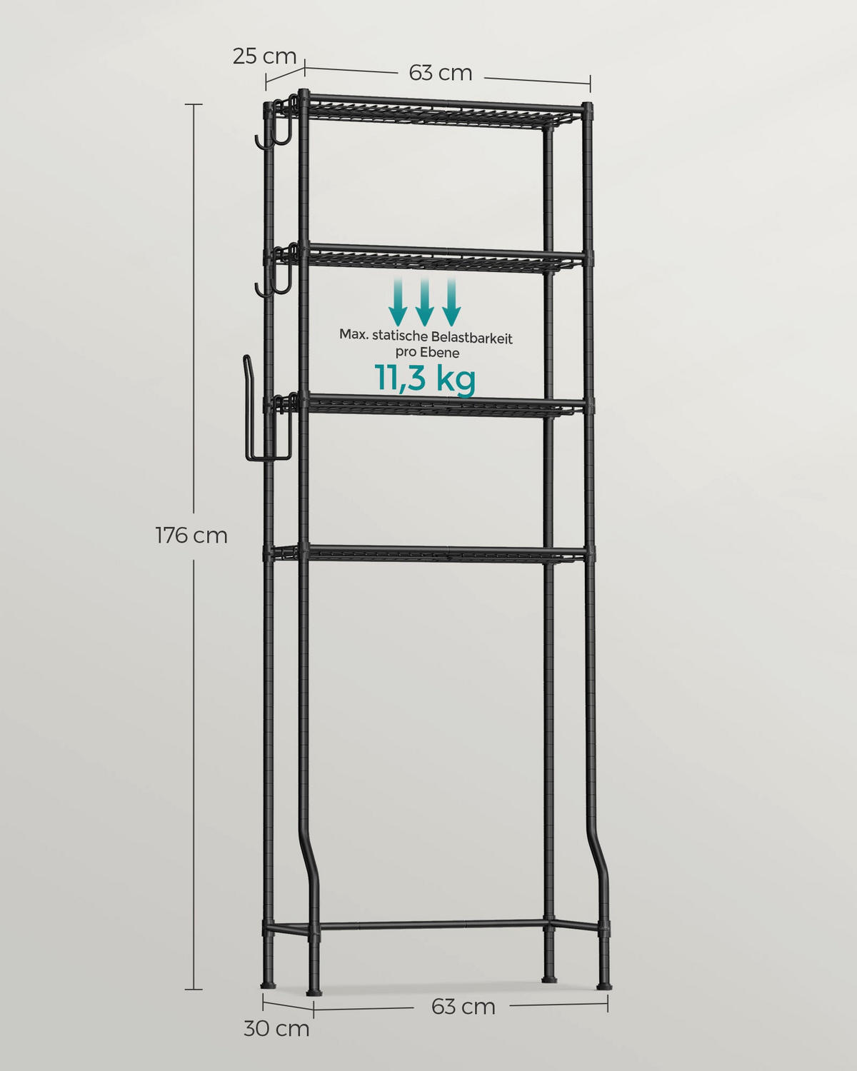 TOILETTENREGAL WARSAW 4-STÖCKIG - Schwarz, Metall (63/176/30cm) - Hansiro