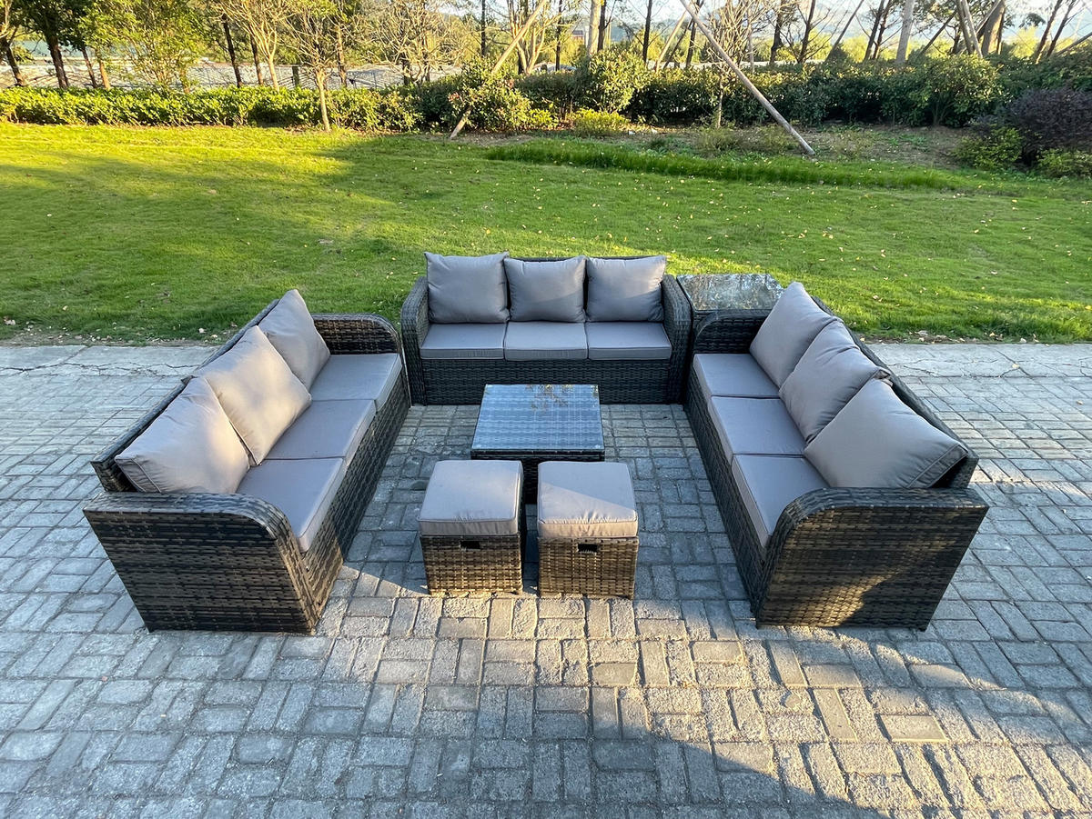 GARTENMÖBELGARNITUR mit KISSEN Polyrattan Dunkelgrau 11-Sitzer - Dunkelgrau/Grau, Glas/Kunststoff - Fimous
