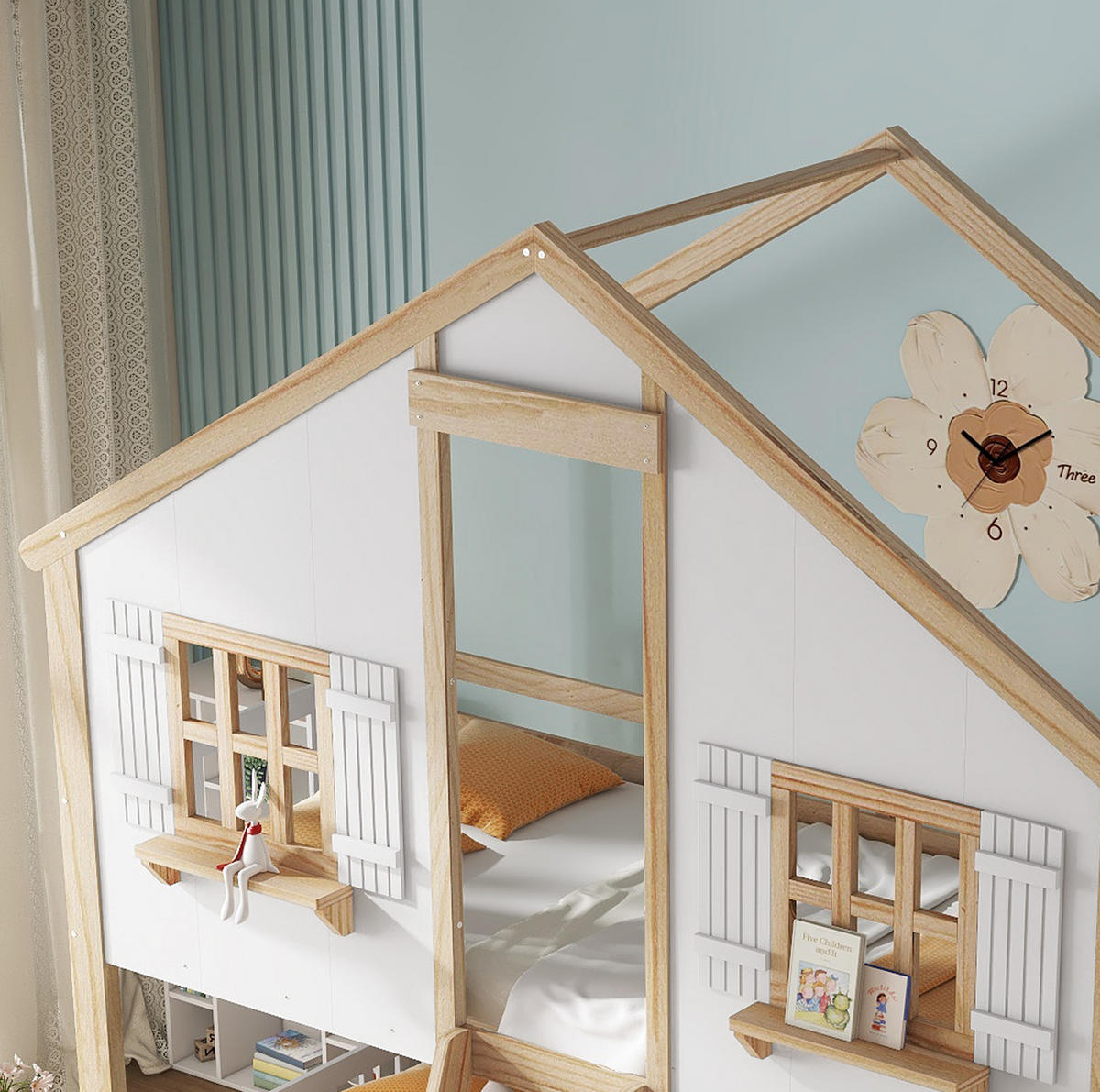 HAUSBETT 90/200 cm Weiß/Natur mit Dach, Fenstern und Sicherheitsgeländer - Weiß, Holzwerkstoff (90/200cm) - Flora Grace