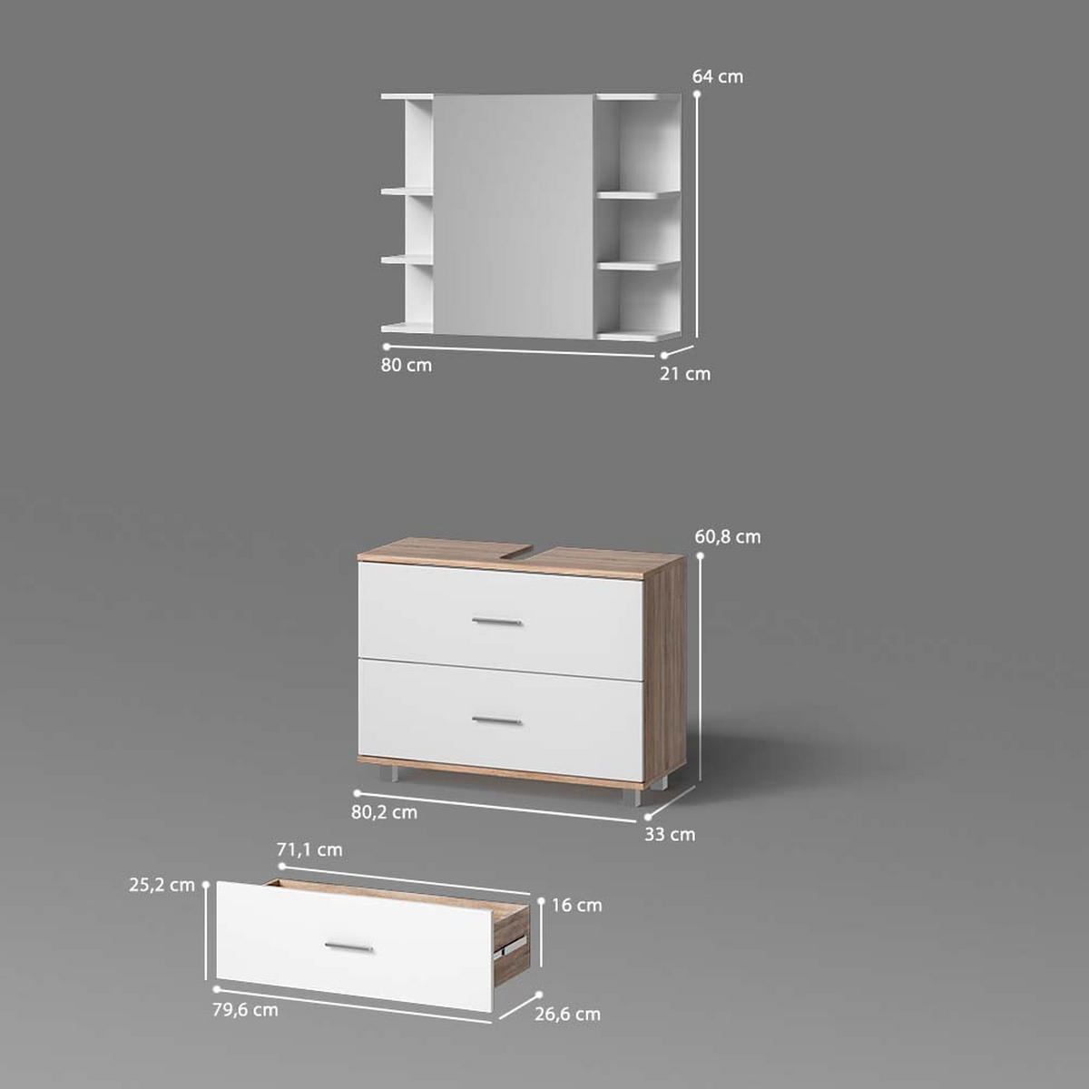 BADMÖBEL-SET Eisak Weiß/Sonoma 2 Teile, Unterschrank 80 cm - Weiß/Sonoma Eiche, Holzwerkstoff (80/60/33cm) - Livinity®