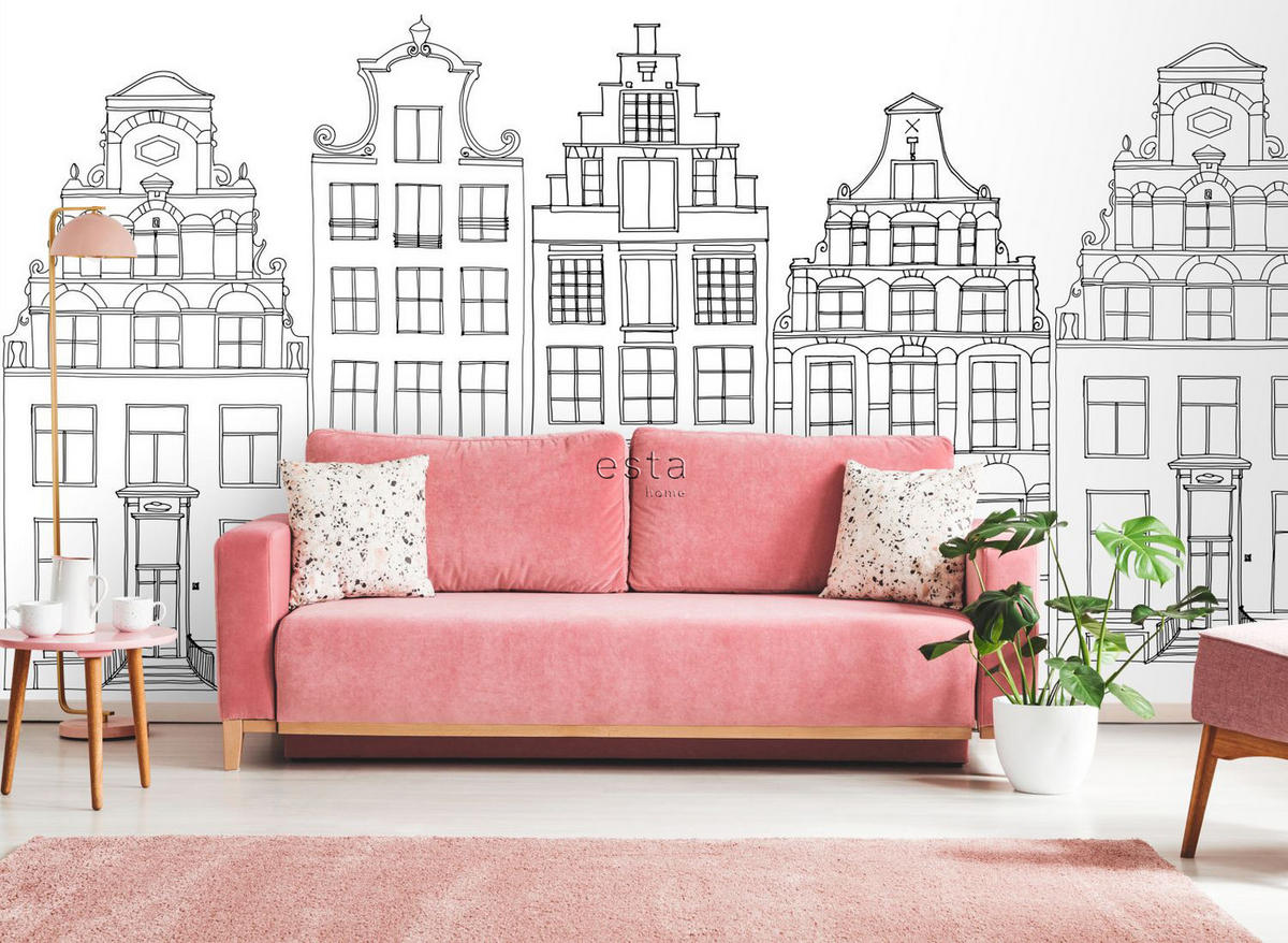 FOTOTAPETE gezeichnete Amsterdamer Grachtenhäuser 150 x 279 cm - Schwarz, Papier (150/279cm) - ESTAhome