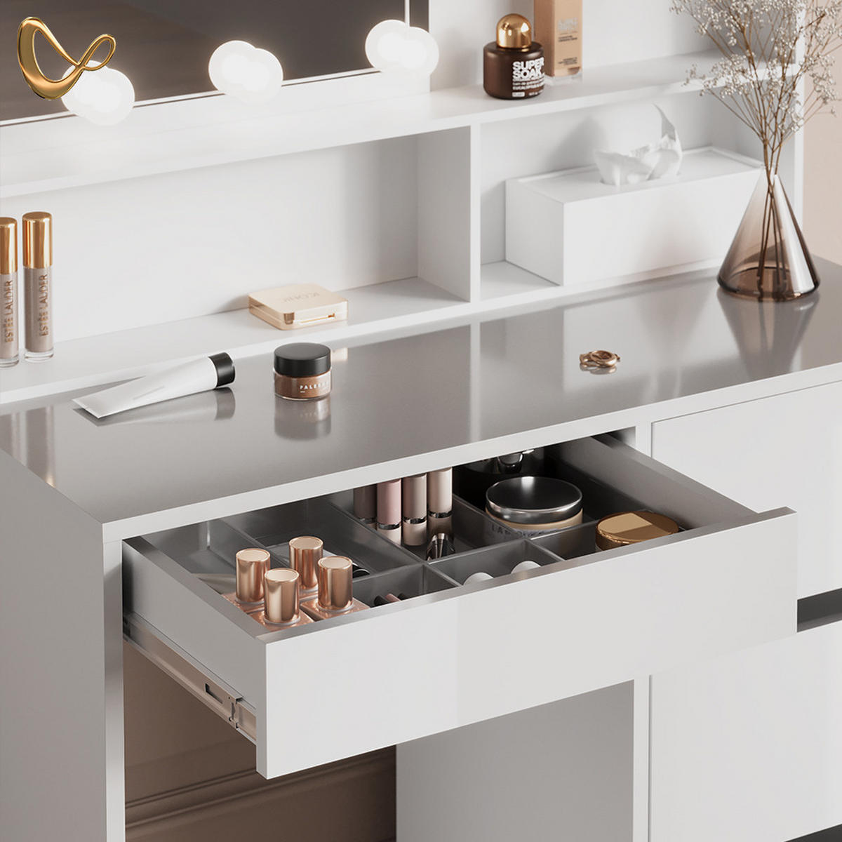 SCHMINKTISCH Imola Weiß 140 cm mit Hocker - Weiß, Holzwerkstoff (140/75/40cm) - Livinity®