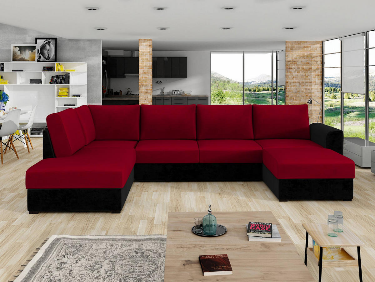 WOHNLANDSCHAFT Wilma Premium, Seite: Links - Rot/Schwarz, Holz/Textil (305/85/188cm) - MIRJAN24