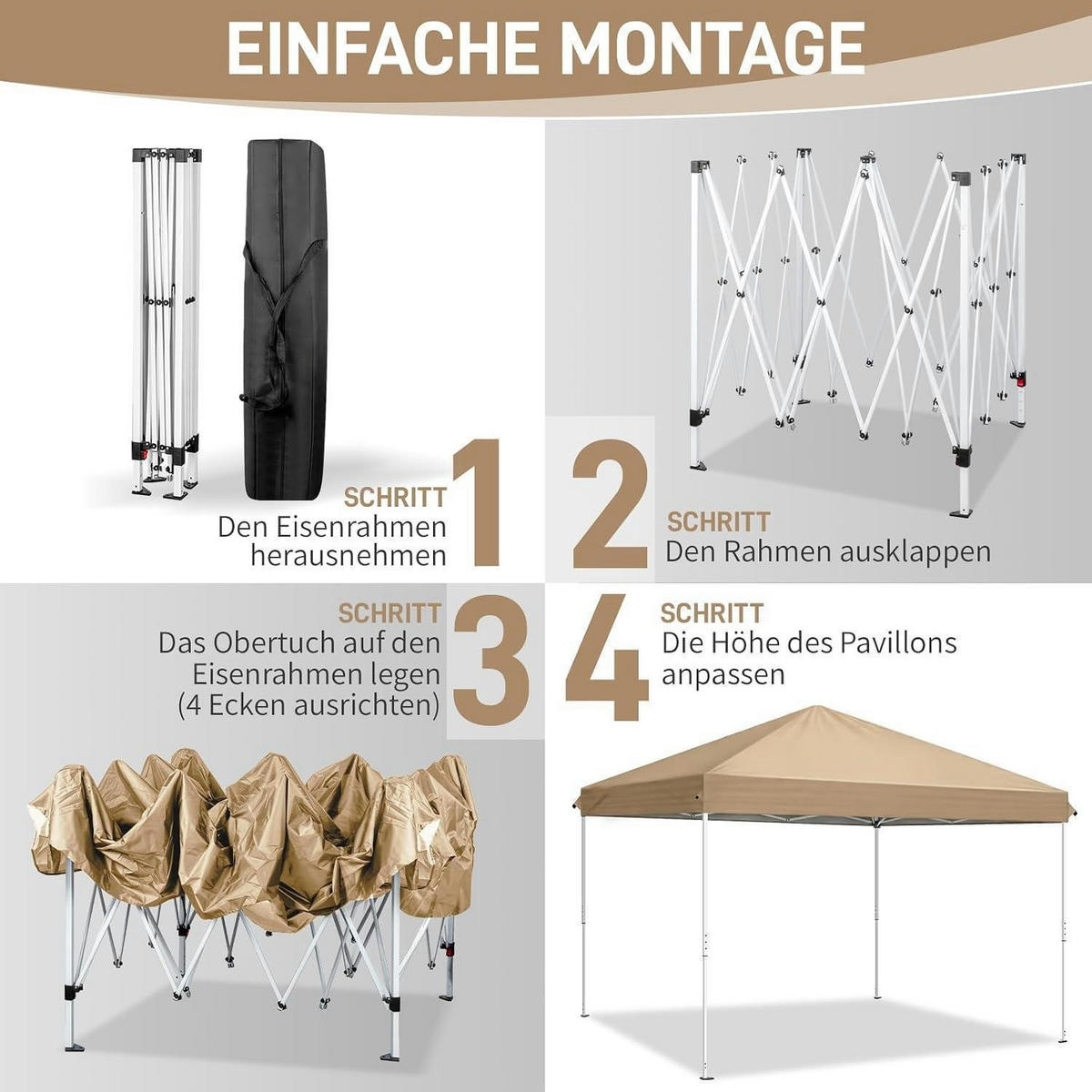FALTPAVILLON 3 x 3 m Khaki Wasserdicht UV-Schutz 50+ mit 4 Seitenteilen - Olivgrün, Textil (300/255/300cm)