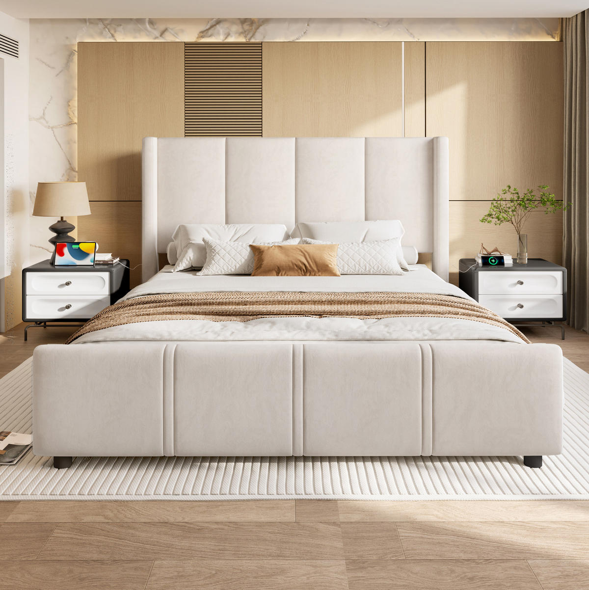 POLSTERBETT 140/200 cm aus Samt mit USB-Anschlüssen und hohem Kopfteil Beige - Beige, Textil (140/200cm) - Modenvie