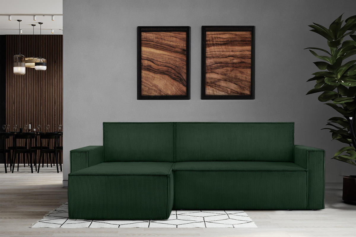 ECKSOFA-LINKS/RECHTS NAPI Schlaffunktion mit Cordbezug, dunkelgrün - Dunkelgrün/Schwarz, Textil (246/148cm) - KONSIMO®