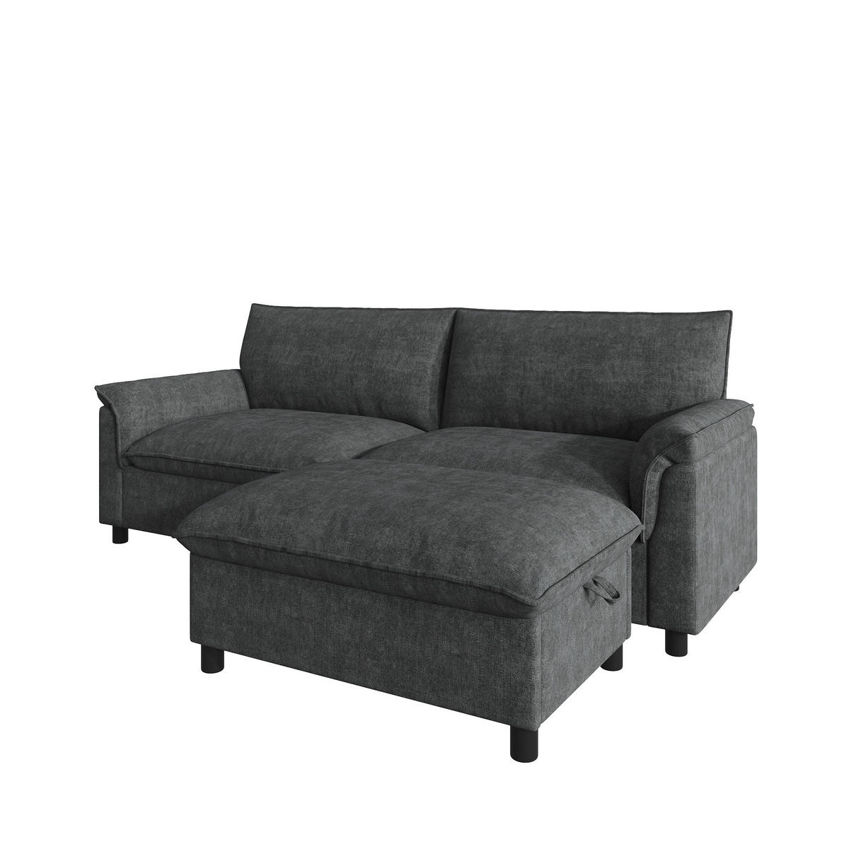 SOFA 216/77/82 cm Schwarz aus Chenille mit Fußhocker und Stauraum - Schwarz, Textil (77/82/216cm) - OKMYHOME