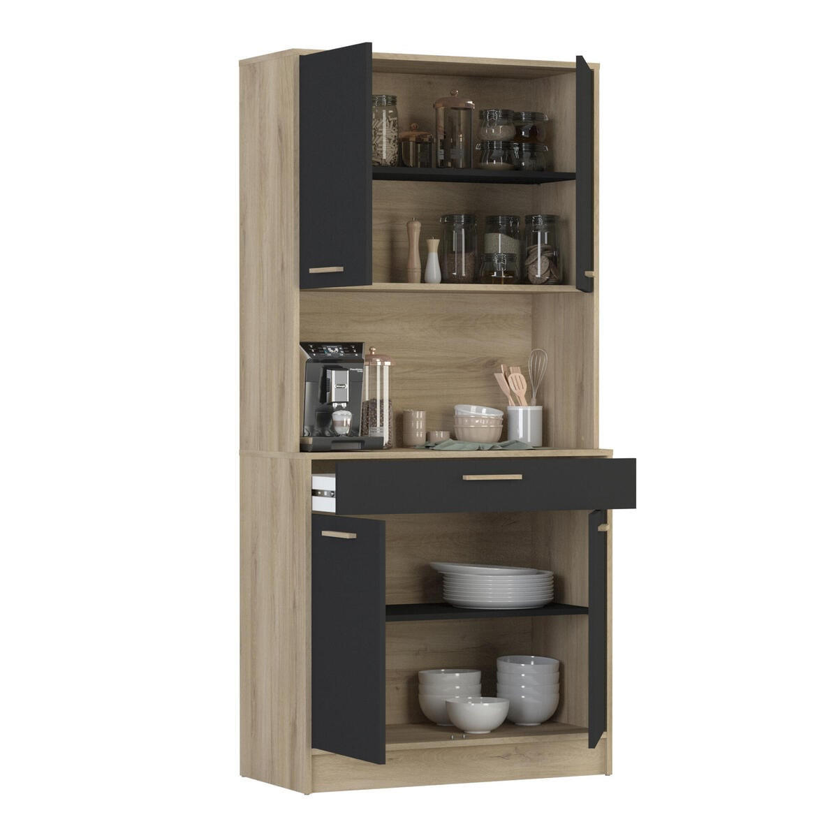HIGHBOARD mit 4 Türen und 1 Schublade, Dekor Holz und Schwarz - L83 cm - Braun, Holzwerkstoff (40/176.1/83.3cm) - Calicosy