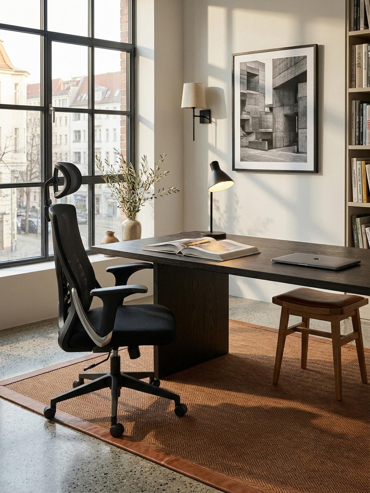 BÜRODREHSTUHL Schwarz Mesh mit Wippmechanik, Kopfstütze und 4-fach Lordosenstütze ASTRA - Schwarz, Kunststoff/Textil (65/123/65cm) - KADIMA DESIGN