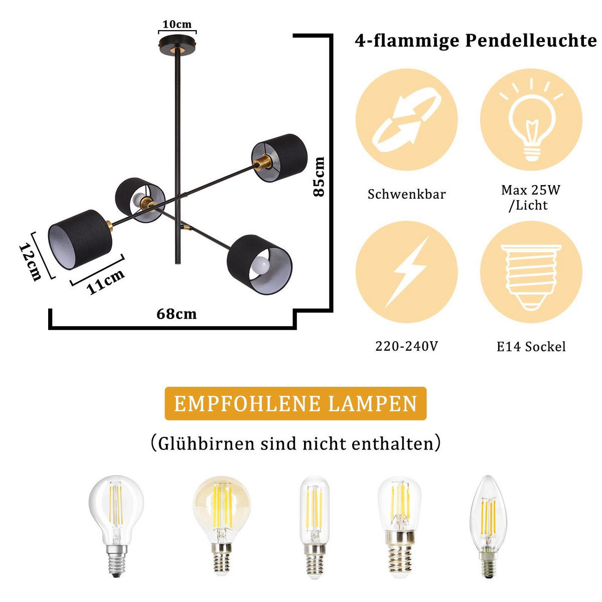 HÄNGELEUCHTE Reiner 4-flammig 68/68/85 cm - Schwarz, Metall (68/68/85cm) - Nettlife
