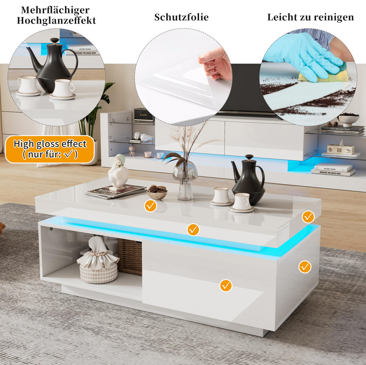 LOWBOARD 181/38/38 cm und 100/50/40.3 cm Weiß aus Spanplatte mit LED-Beleuchtung - Weiß, Holzwerkstoff (50/40/100cm) - OKMYHOME