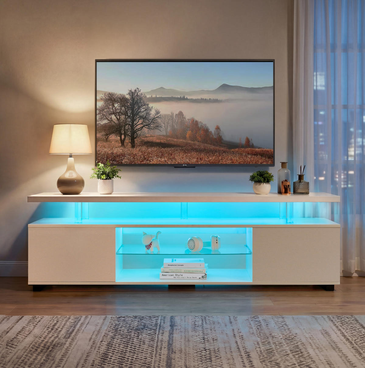TV-LOWBOARD aus Holzwerkstoff 130x40x48 cm Weiß mit LED-Beleuchtung und viel Stauraum - Weiß, Holzwerkstoff (130/48/40cm) - Modfu