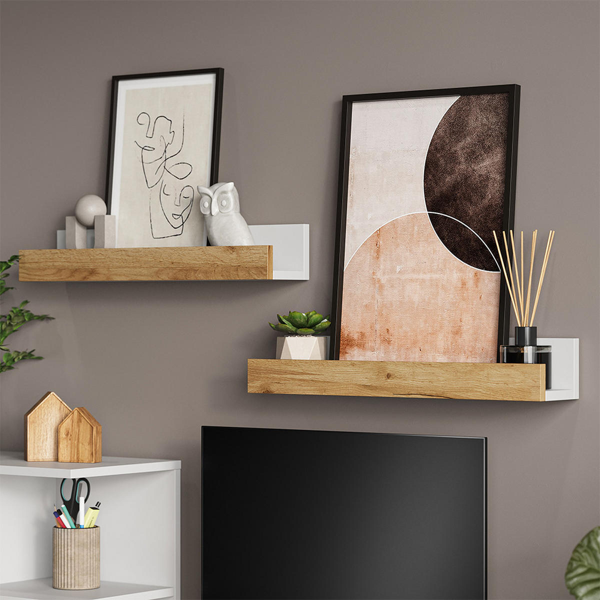 WANDREGAL Tomy Weiß/Goldkraft Eiche 60 x 10 cm 2er Set - Honigeiche/Weiß, Holzwerkstoff (60/10/12cm) - Vicco