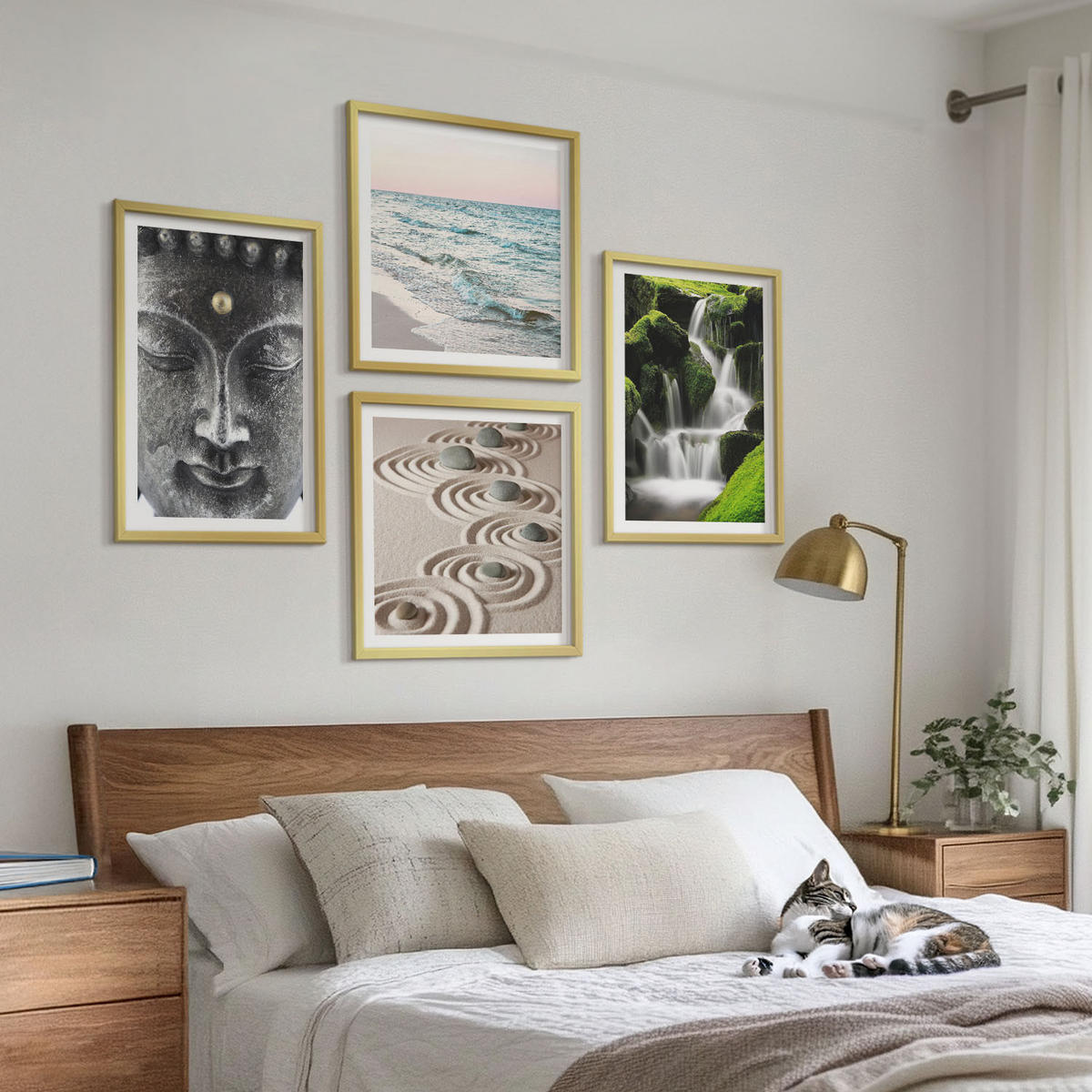 BILDER SET 4er Set - 50x50 cm & 40x60 cm Goldrahmen - Der Frieden der Natur mit Buddha - Goldfarben, Kunststoff (50/50cm) - TULUP