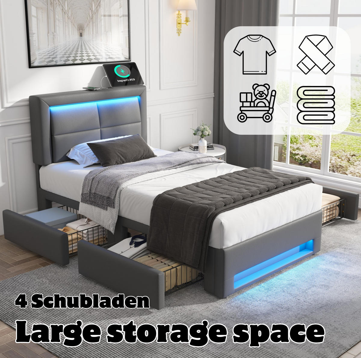 POLSTERBETT mit USB, LED und 4 Schubladen 90x190 cm PU Grau - Grau, Metall (90/190cm) - Meubliv