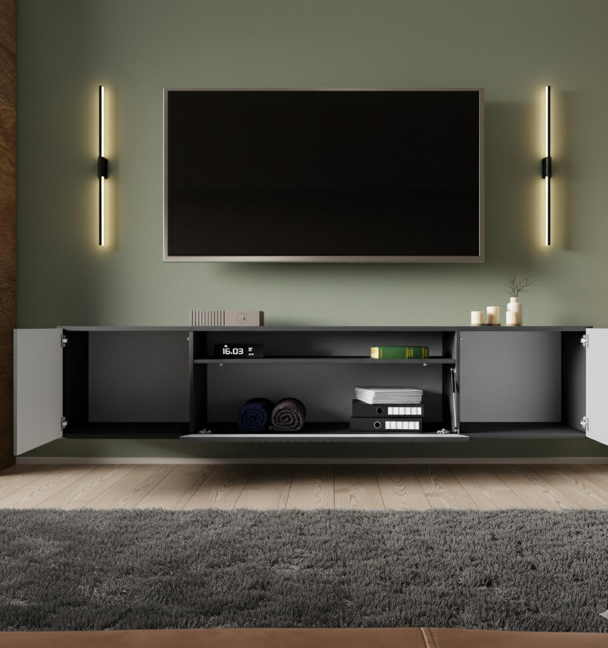 LOWBOARD Noa, Hängender TV-Schrank mit Push-to-Open System, graphitfarben - Graphitfarben, Holzwerkstoff (200/41/40cm) - AN-Moebel 4u