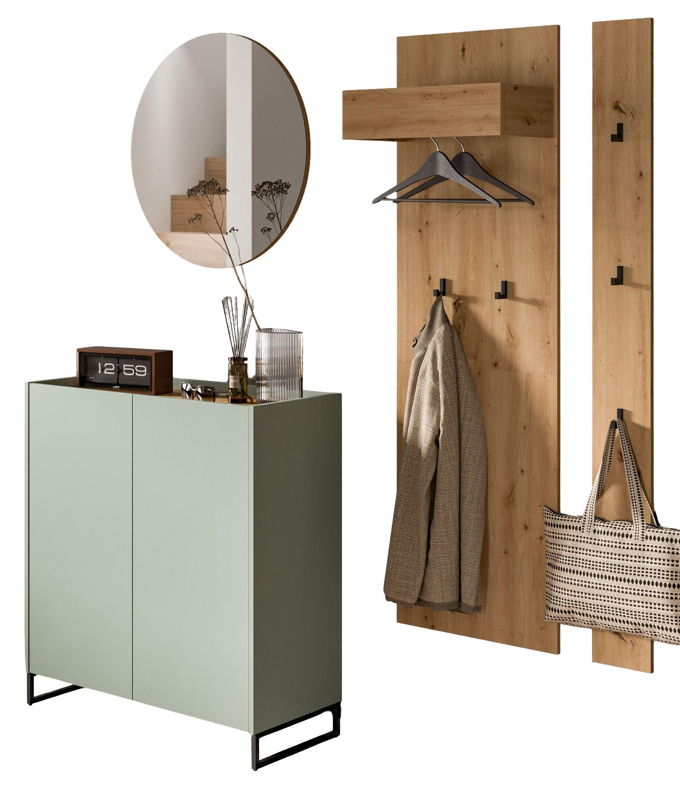 GARDEROBE-SET Salbei und Artisan Eiche, Garderobe 4-teilig, 186 x 197 cm, Soft-Close, Borga - Salbeigrün/Schwarz, Holzwerkstoff/Metall (186/197/38cm) - Inn.Furn