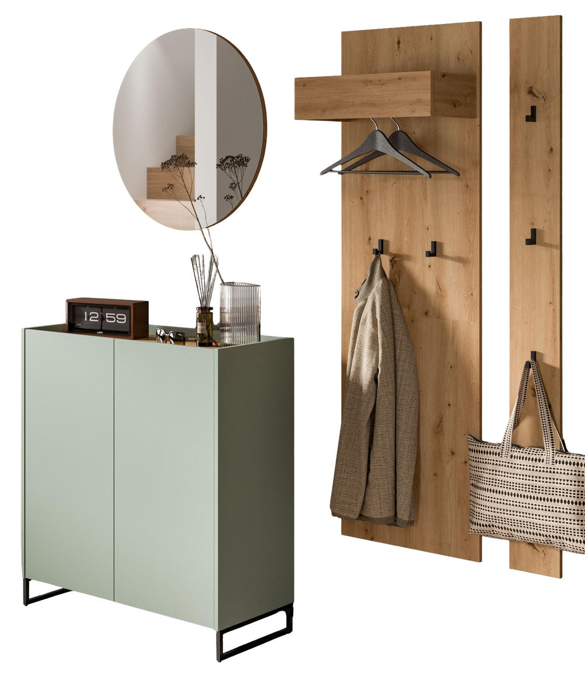 GARDEROBE-SET Salbei und Artisan Eiche, Garderobe 4-teilig, 186 x 197 cm, Soft-Close, Borga - Salbeigrün/Schwarz, Holzwerkstoff/Metall (186/197/38cm) - Inn.Furn