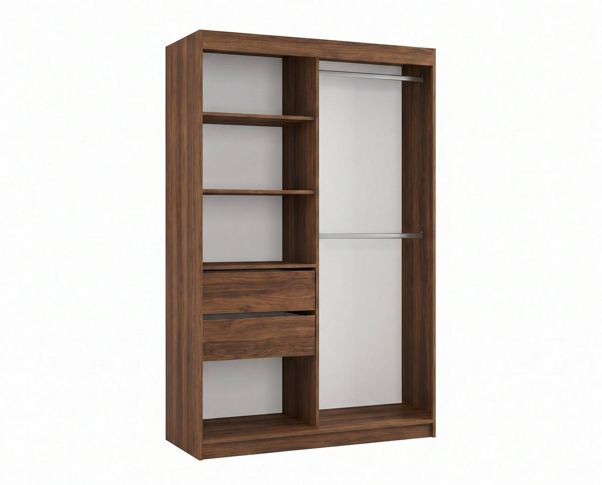SCHWEBETÜRENSCHRANK LAMELLO 120/216/61 cm Modern Kleiderschrank 2-türig mit Spiegel Nussbaumfarben - Nussbaumfarben, Holzwerkstoff (120/216/61cm) - MASSENO