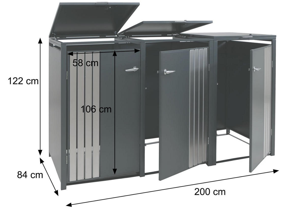 3ER-MÜLLTONNENVERKLEIDUNG Anthrazit, Dunkelbraun - Anthrazit/Dunkelbraun, Metall (200/122/84cm) - MCW