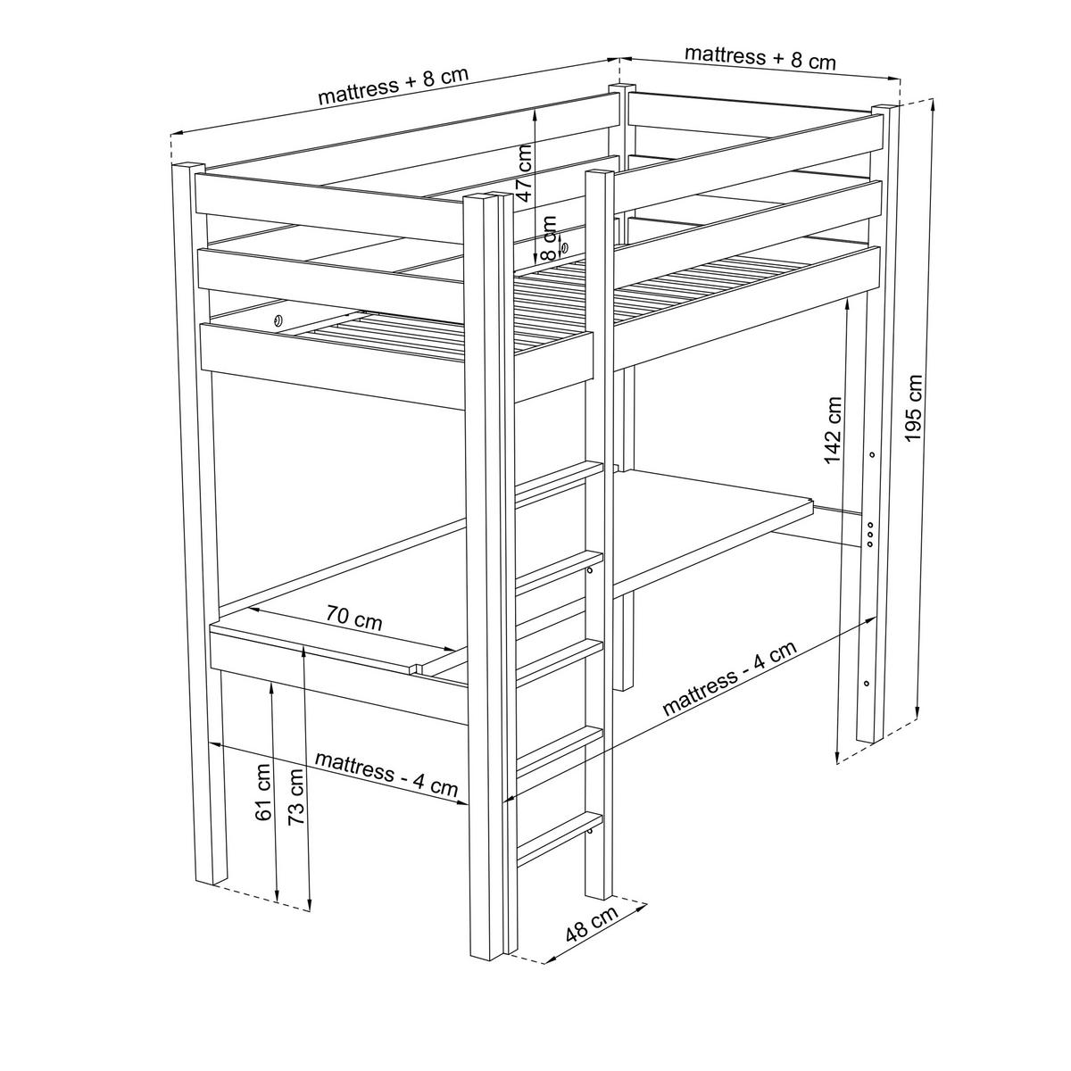 HOCHBETT N05 mit Schreibtisch Weiß 120/200 - Weiß, Naturmaterialien/Holz (120/200cm) - N-Wood