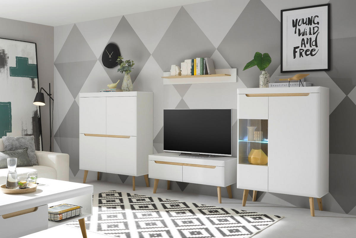 HIGHBOARD weiß matt, Eiche, skandinavisch 107 x 134 cm, Anrichte mit Soft-Close-Funktion - Eichefarben/Weiß, Holz/Holzwerkstoff (107/134/40cm) - Furn.Design