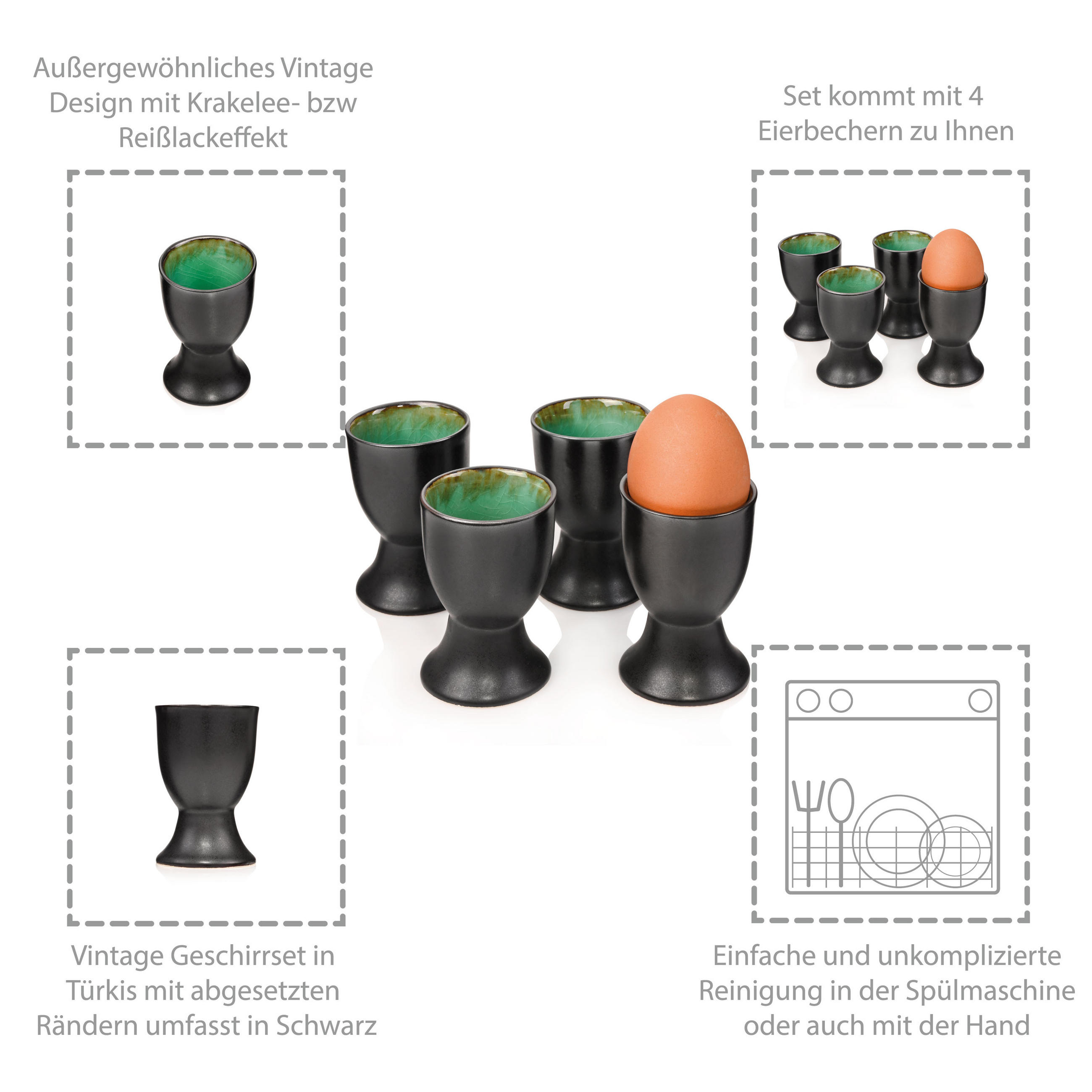 EIERBECHER SET PALM BEACH - 4 teilig aus Steingut - Grün, Keramik (13/23.5/6.5cm) - Sänger
