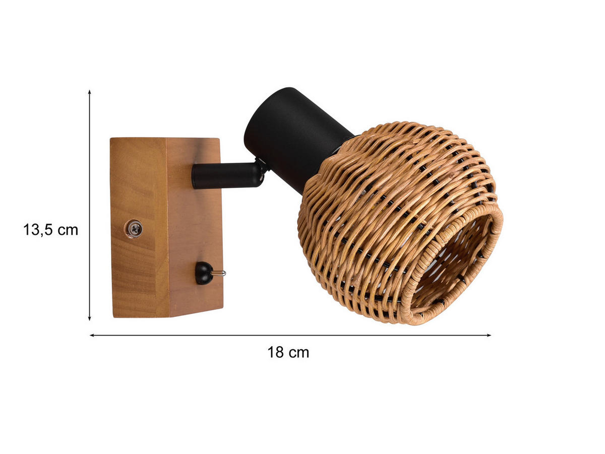 WANDSTRAHLER Höhe 14cm, mit Schalter & Rattan Lampenschirm - Naturfarben, Naturmaterialien/Holz (18/11/14cm) - meineWunschleuchte