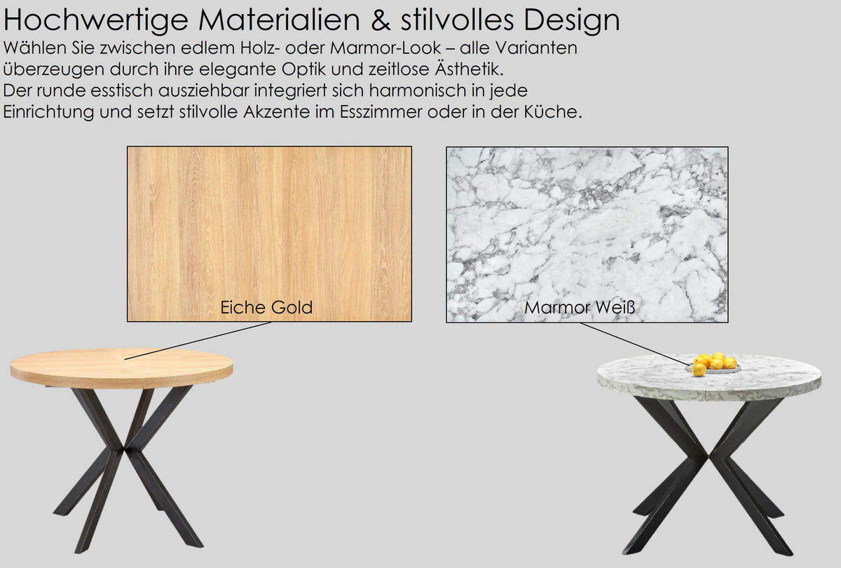 ESSTISCH rund ausziehabar Eiche Gold - Weiß 100x75 cm - Eichefarben/Weiß, Holzwerkstoff (100/100/75cm) - designimpex