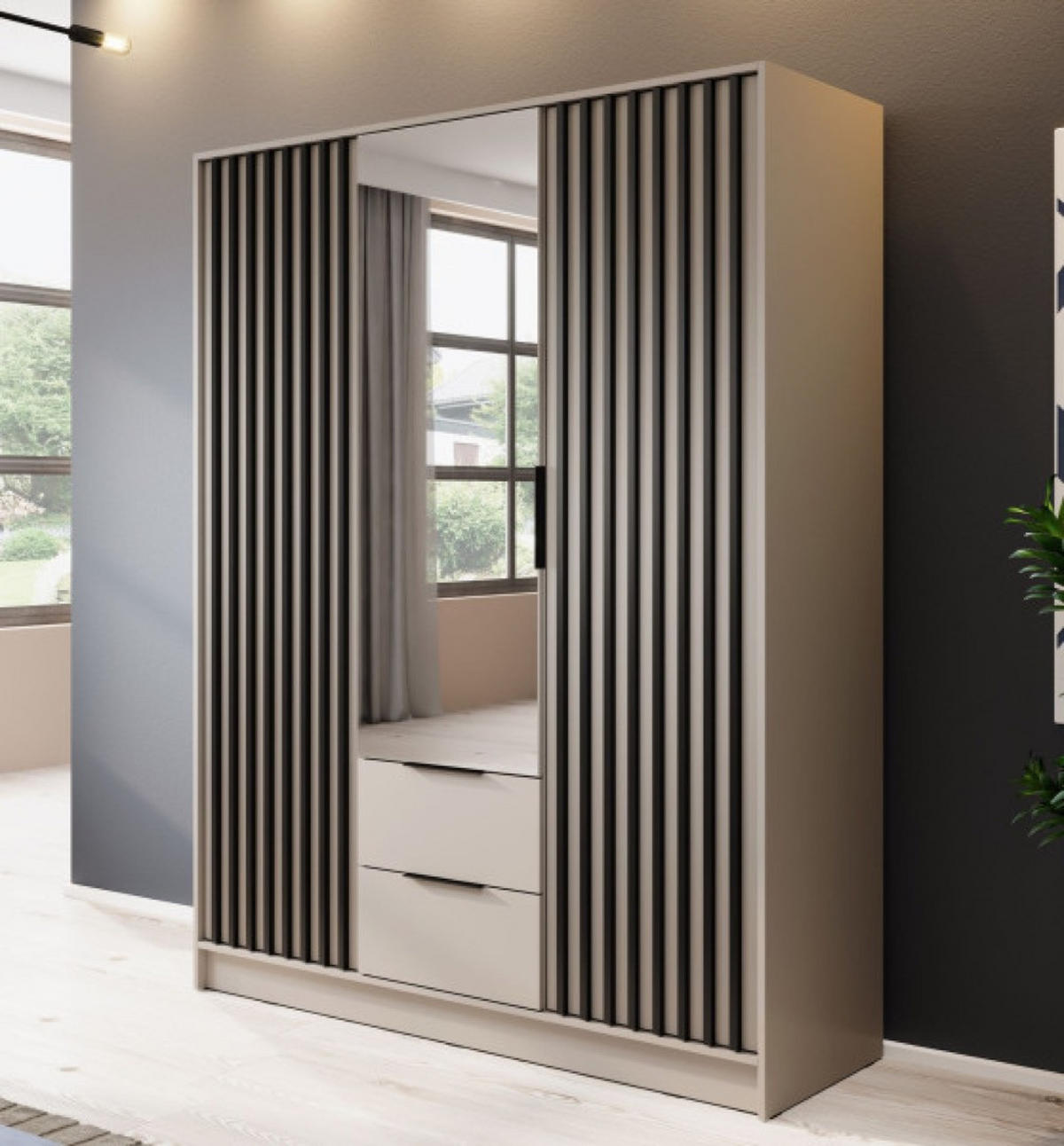 SCHRANK Kaschmir KELLY Mit Lamellen Und Spiegel 155 cm - Kaschmir/Transparent, Holzwerkstoff (155/200/51cm) - Sepro Meble