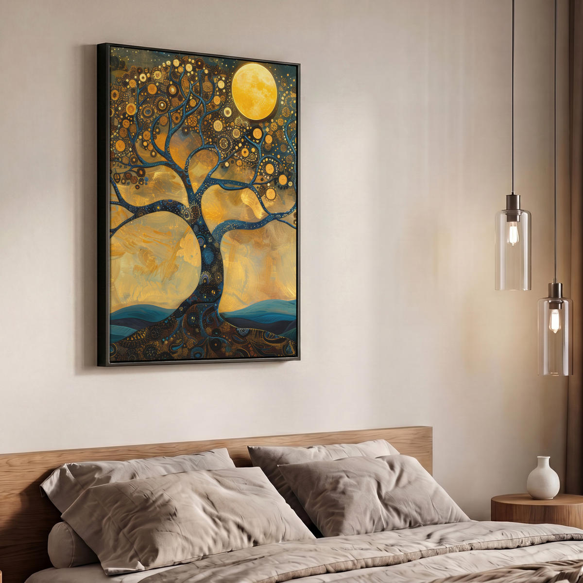 LEINWAND Bilder mit Rahmen - Baum - Mond - Blumen - Gold - Kunst - 70x100 - Orange, Textil (70/100cm) - MuchoWow