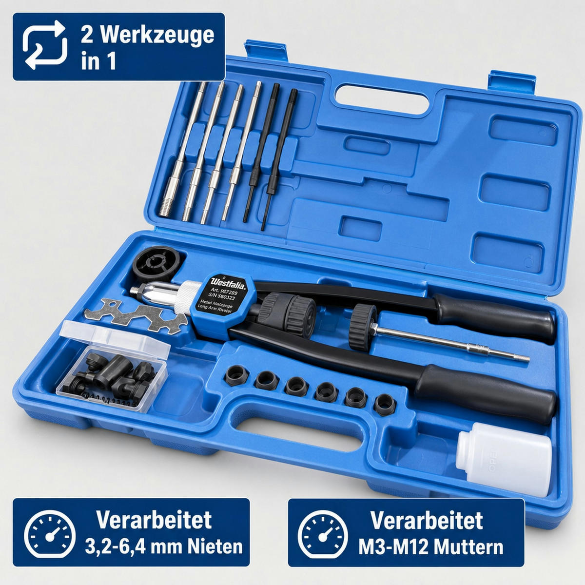 HEBEL Nietzange 2 in 1 für Blindnieten und Blindnietmuttern - Blau, Metall (4.6/2.1/1cm) - Westfalia