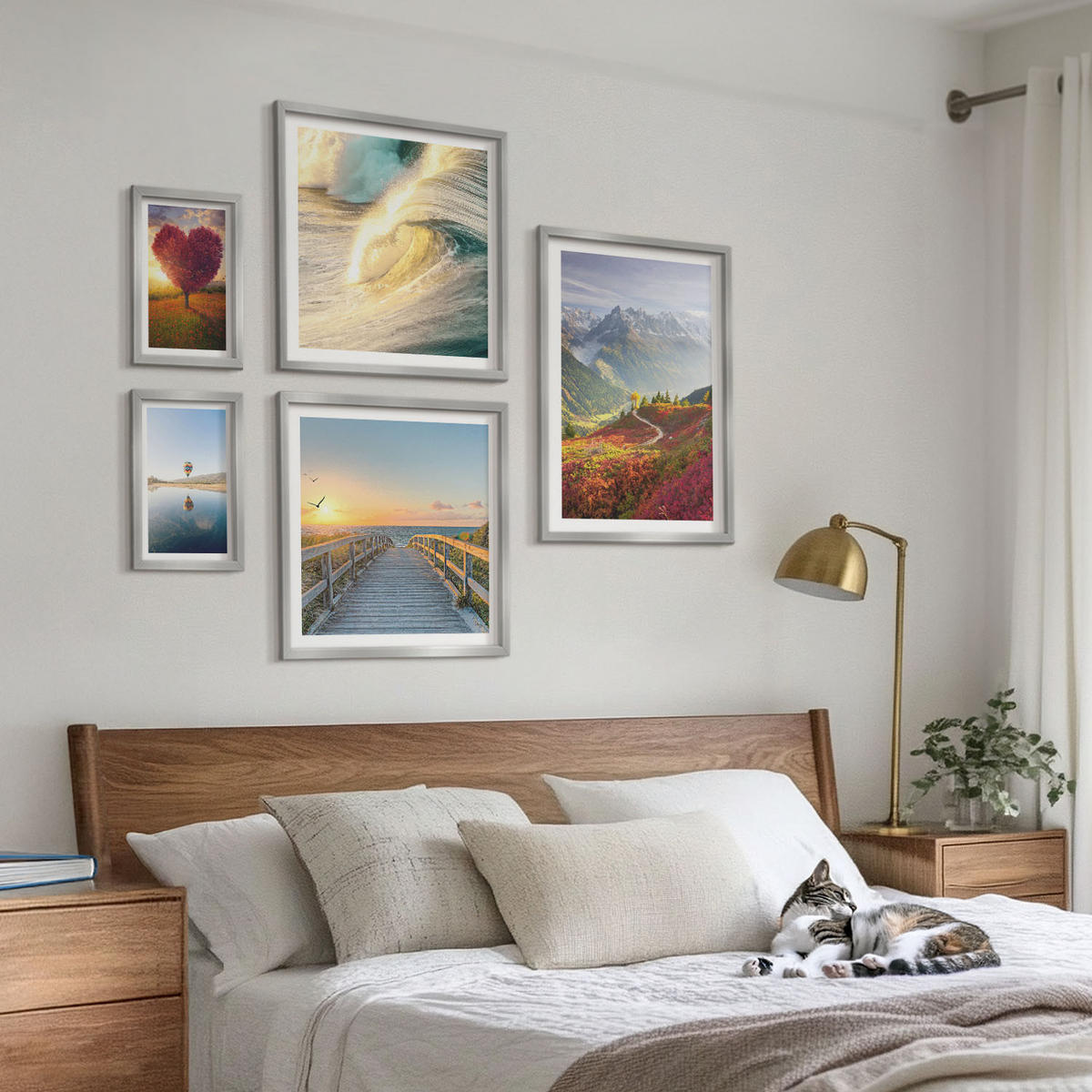 WANDBILDER 5er Set - 50x50 cm & 20x30 cm & 40x60 cm Silberner Rahmen - Landschaften Berge Wellen Baum Herz Pier - Silberfarben, Kunststoff (40/60cm) - ArtPrintCave