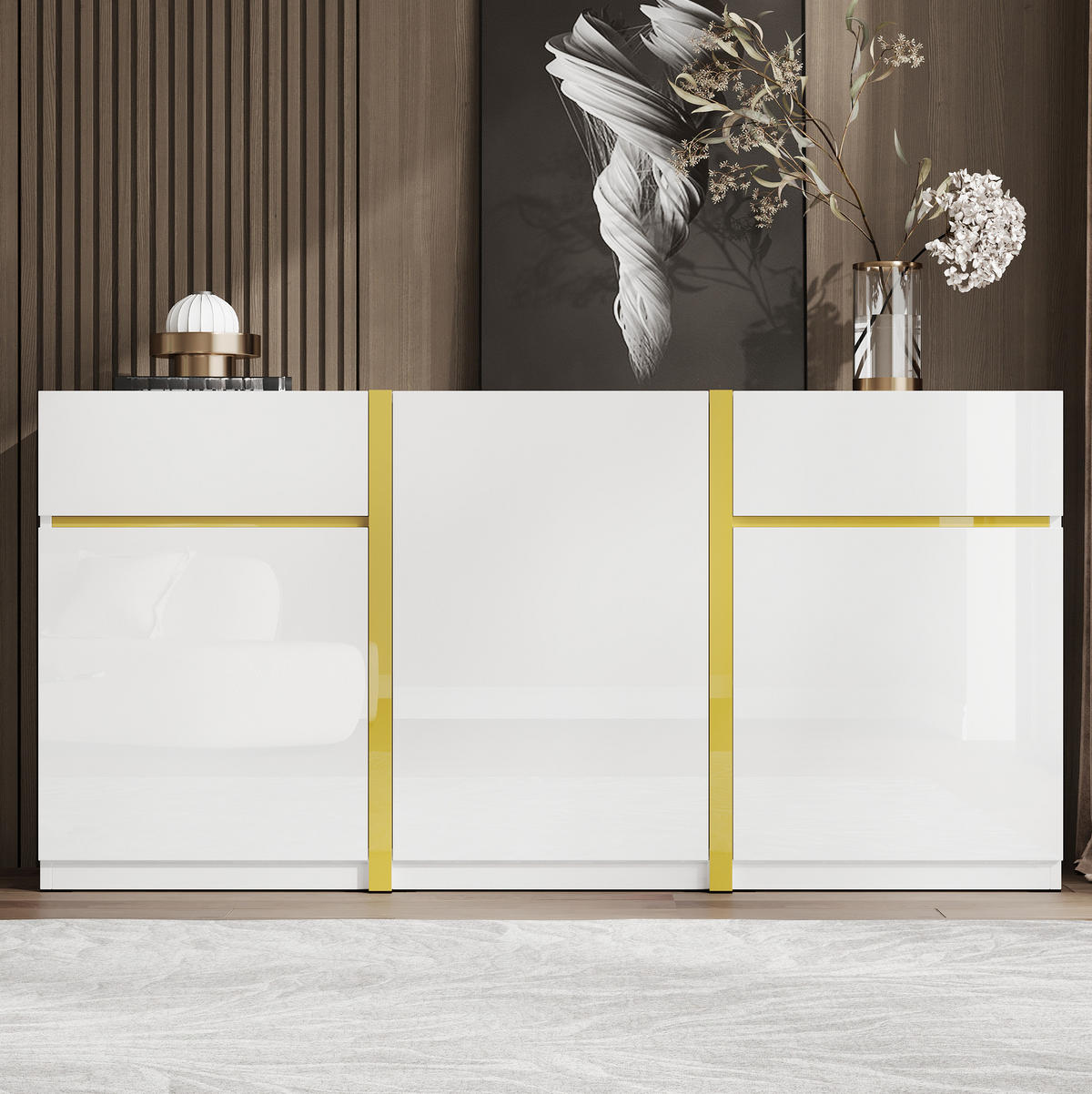 SIDEBOARD 160/40/78 cm aus MDF und Holzwerkstoff mit 3 Türen, 2 Schubladen, Hochglanzfronten und goldfarbenen Details, Weiß - Weiß, Holzwerkstoff (160/78/40cm) - Redom