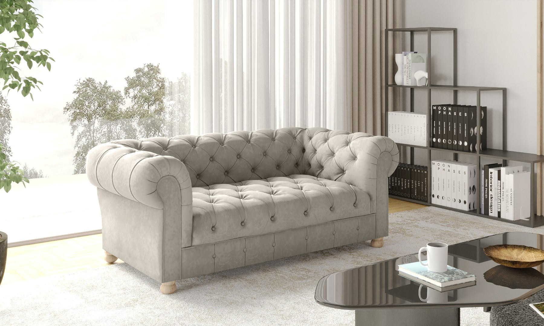 SOFA 2-Sitzer CHESTERFIELD Elegant Klassisch Schick Stoff Whisper Velours Creme - Creme, Holz/Textil (152/77/90cm) - Kaiser Möbel