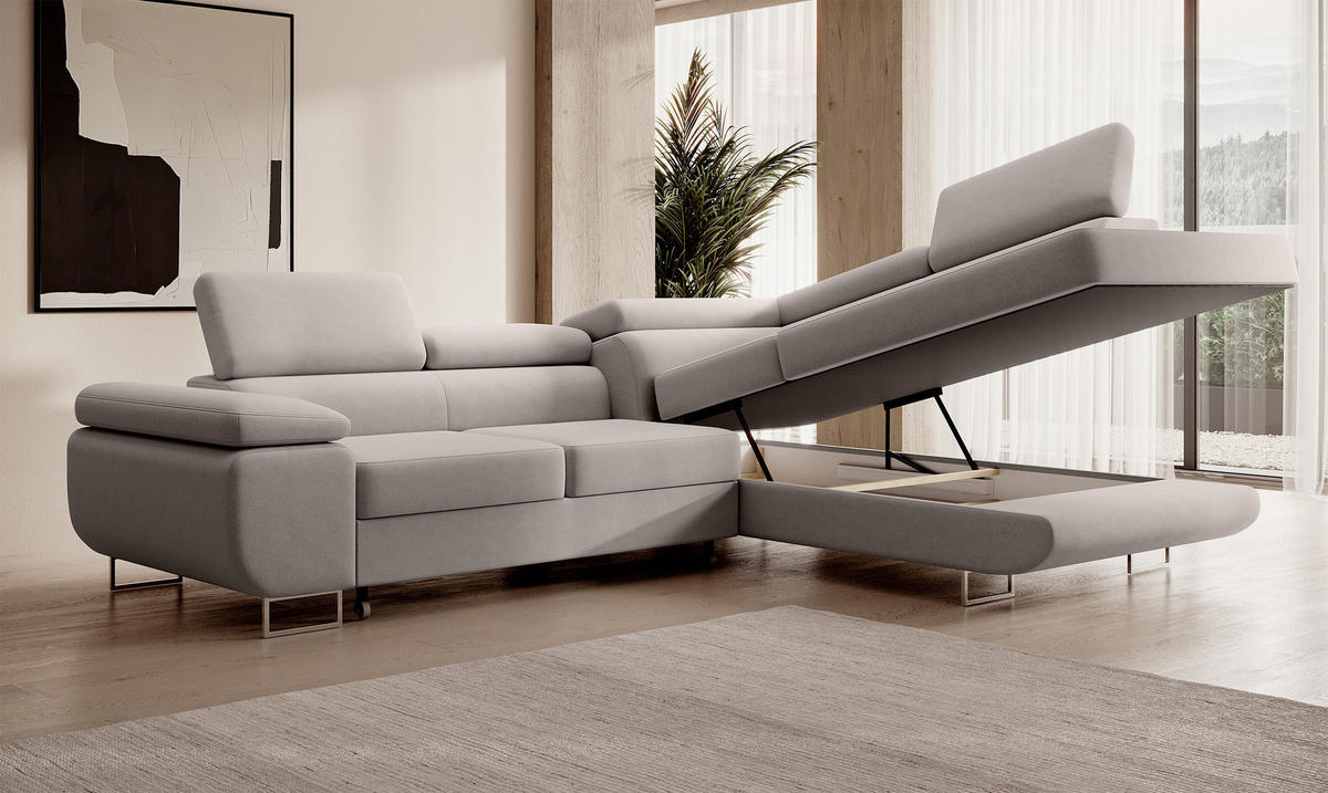 ECKSOFA Stevil Cremeweiß Velours - Silberfarben/Creme, Textil/Metall (275/203cm) - Selsey