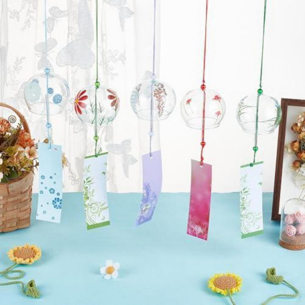 WINDSPIEL 5-teiliges Set Glas Blumenmotiv Japanisch - Multicolor, Glas (41.3/6.9/1cm)