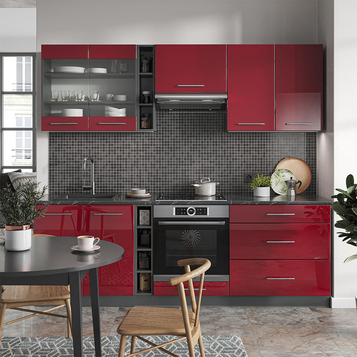 KÜCHENZEILE Fame-Line Bordeaux Hochglanz/Anthrazit 235 cm ohne AP - Bordeaux/Anthrazit, Holzwerkstoff (235/81.6/46cm) - Vicco